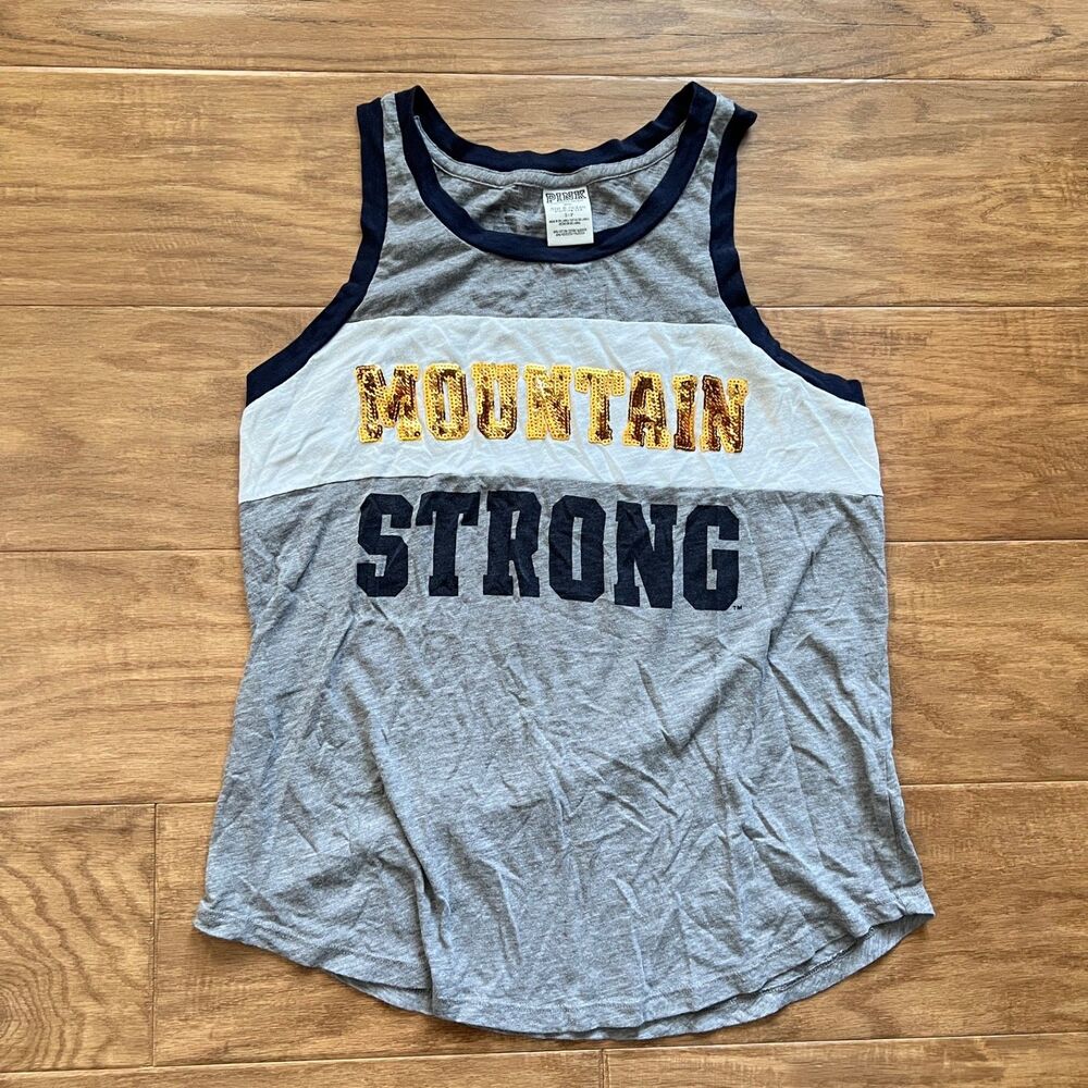 PINK Victoria's Secret Tank Top Size S Mountain Strong Gray Gold Sequin